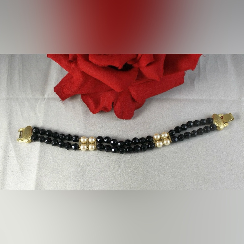Vintage Monet, Double Strand Faceted  Black Faux Pearl Bracelet 7.5 “